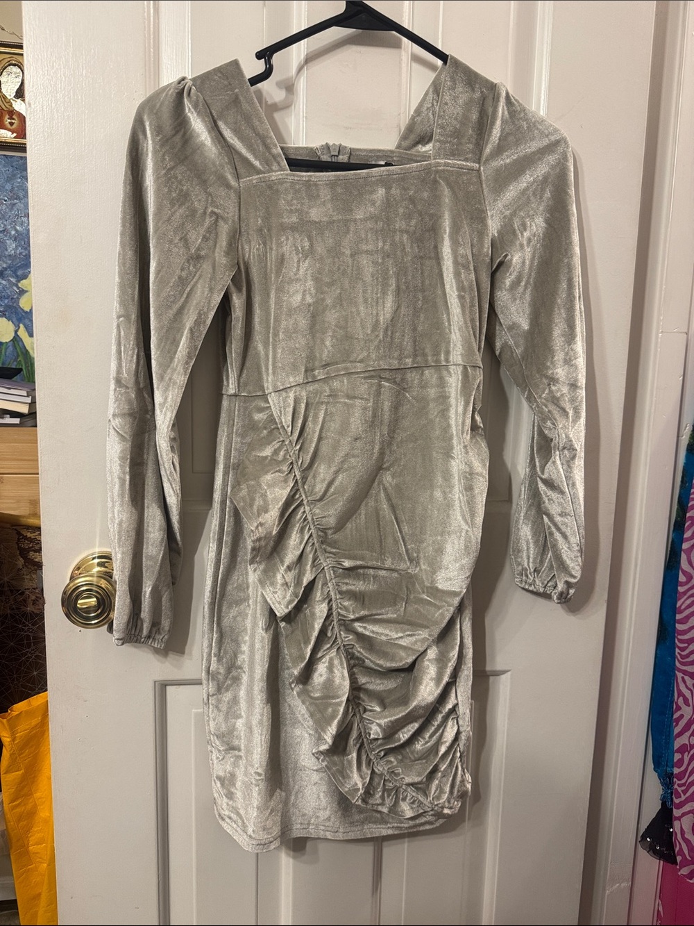 Girls Stretch Silver Velvet Ruched Long-Sleeve Dress
